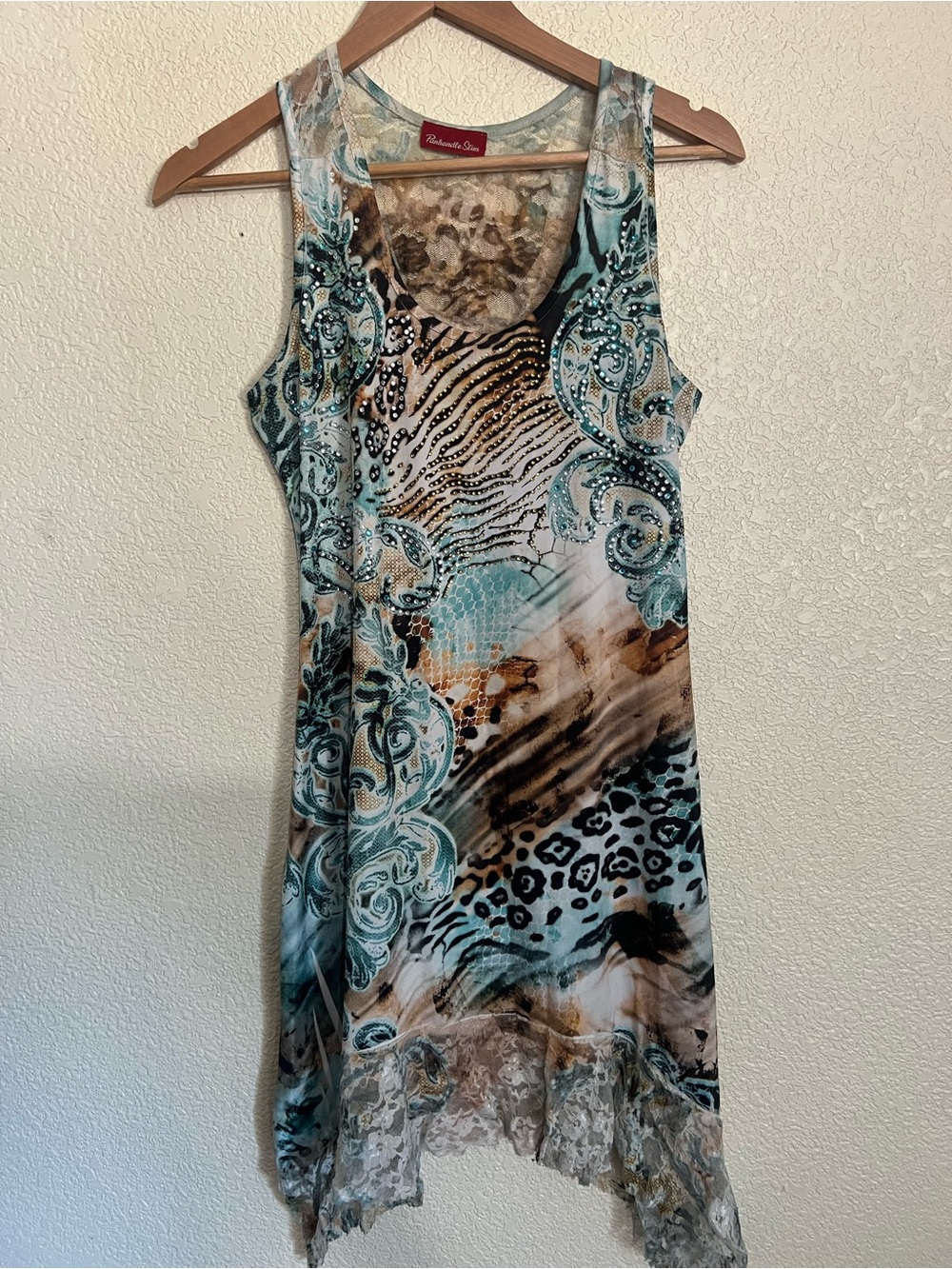 Renee C. Teal and Brown Mixed Print Lace-Trim Tank Dress